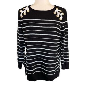 Ming Wang Women's Sweater Black White Stripes Lace Detail Petite Small